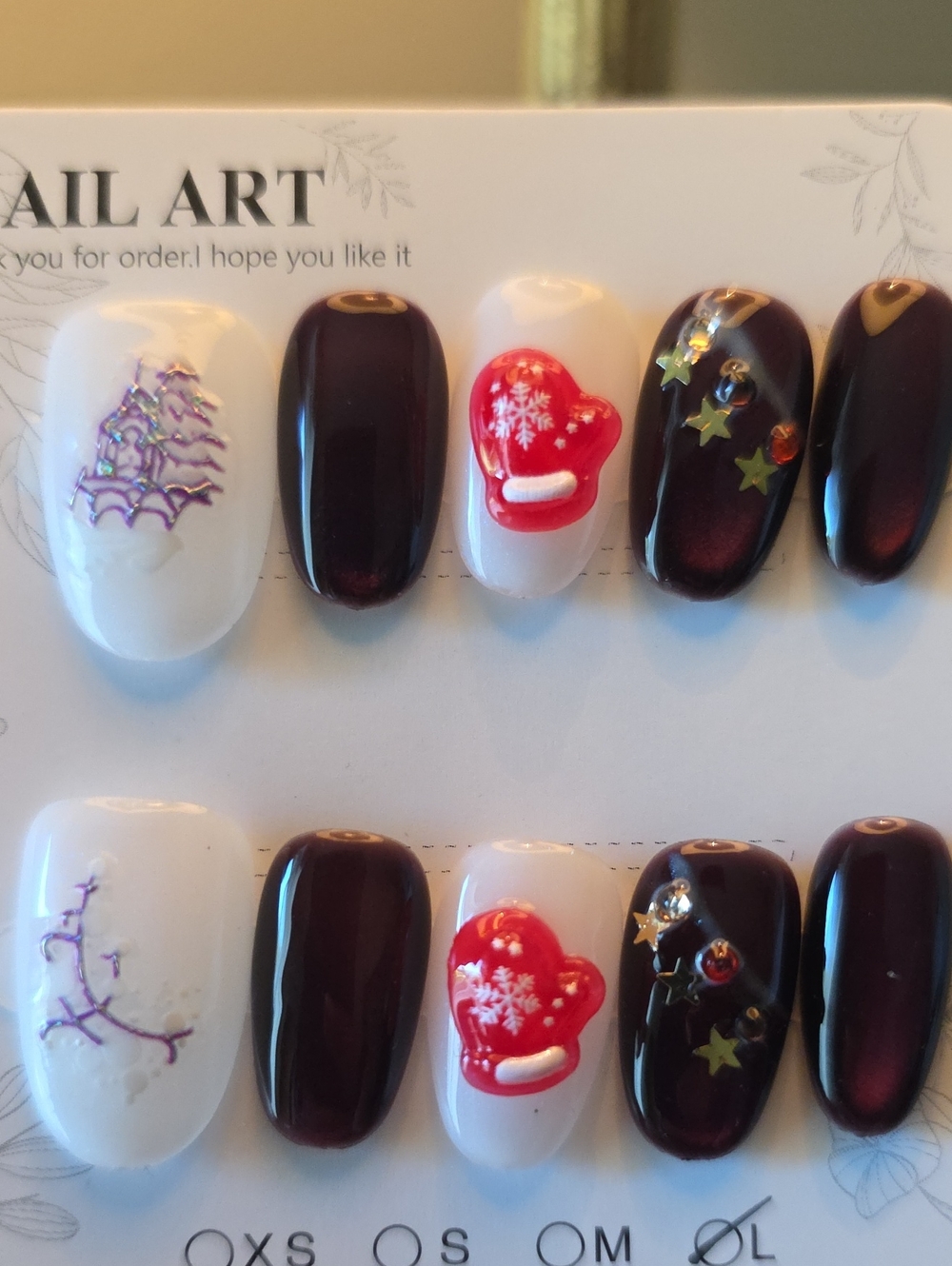Holiday Nail Art Set - Red, White & Deep Purple Festive Press-Ons Size Large